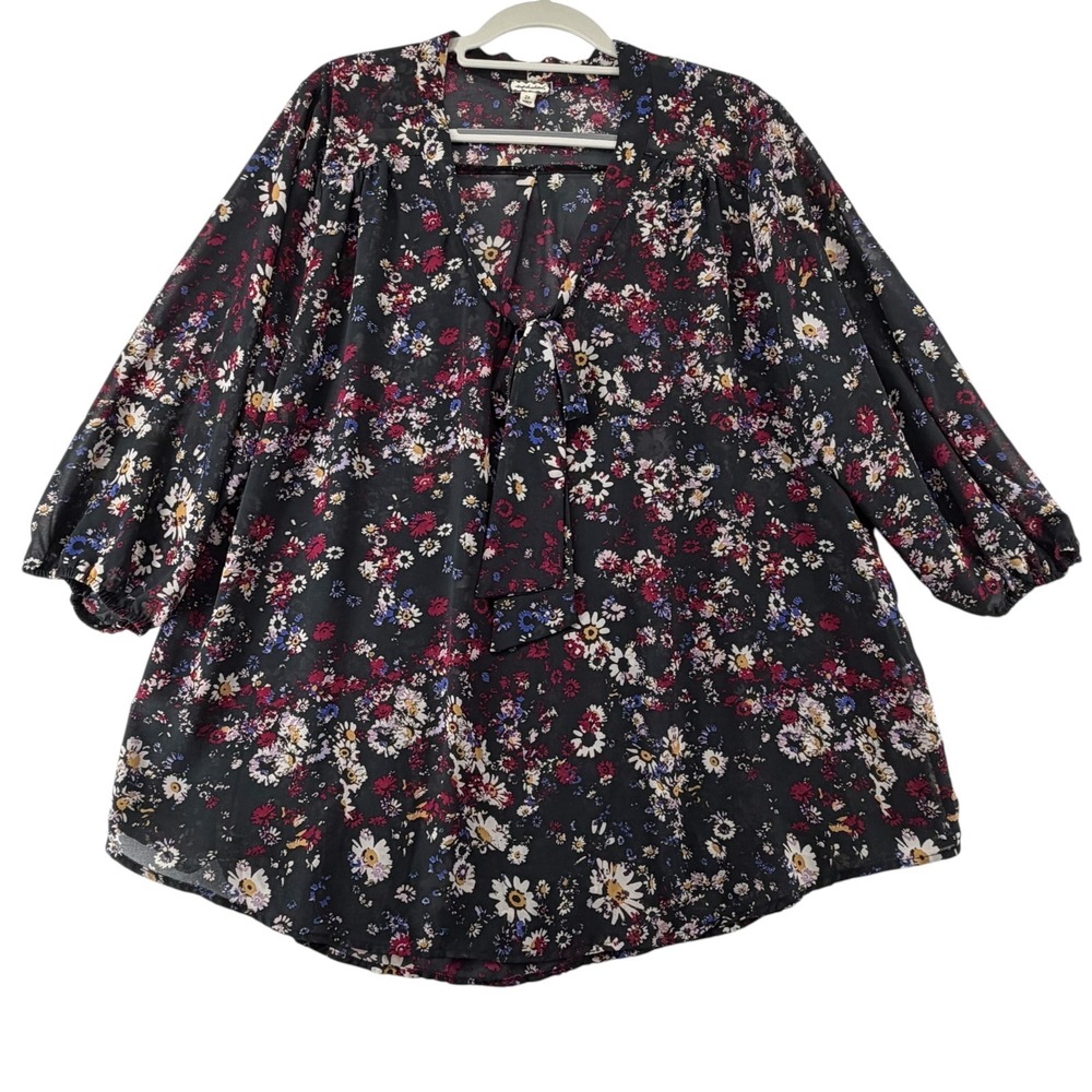 Eyeshadow Sheer Blouse Womens Plus Size 2X Long SLeeve Floral High Low Neck Tie